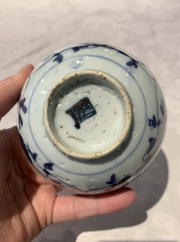 Four Chinese blue and white bowls, two cups and a plate, Ming
