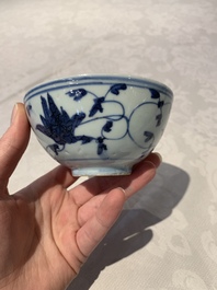 Four Chinese blue and white bowls, two cups and a plate, Ming