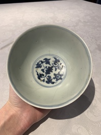 Four Chinese blue and white bowls, two cups and a plate, Ming
