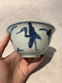 Four Chinese blue and white bowls, two cups and a plate, Ming