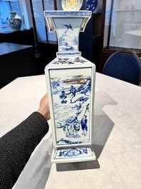 A Chinese blue, white and copper-red square-sectioned vase with figural design, Kangxi
