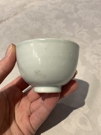 Four Chinese blue and white bowls, two cups and a plate, Ming