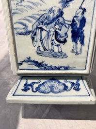 A Chinese blue, white and copper-red square-sectioned vase with figural design, Kangxi
