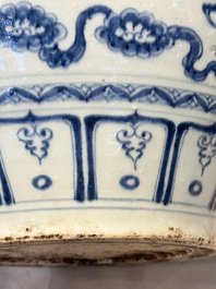 A fine Chinese blue and white 'dragon' vase with mythical-beast-shaped handles, probably Yuan