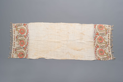Five Ottoman gold and silver thread embroidered linen towels with floral design, 19th C.