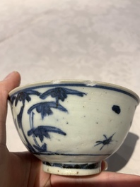 Four Chinese blue and white bowls, two cups and a plate, Ming