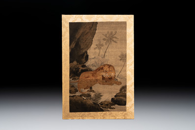 Two Japanese embroidered silk panels with hunting tigers and lions, Meiji, 19th C.