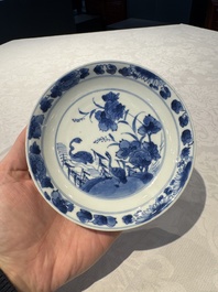 Two Chinese blue and white cups and saucers, Kangxi/Yongzheng