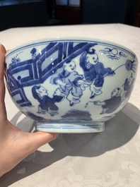 A Chinese blue and white '100 boys' bowl, Fu Lu Shou seal mark, Yongzheng
