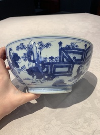A Chinese blue and white '100 boys' bowl, Fu Lu Shou seal mark, Yongzheng
