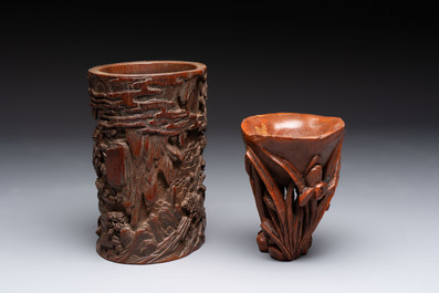 A Chinese carved bamboo brush pot and libation cup, Qing