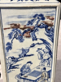 A Chinese blue, white and copper-red square-sectioned vase with figural design, Kangxi