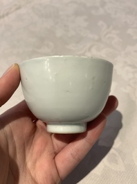 Four Chinese blue and white bowls, two cups and a plate, Ming