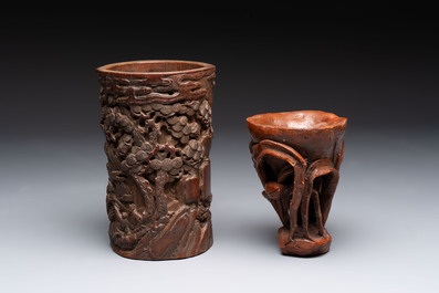 A Chinese carved bamboo brush pot and libation cup, Qing