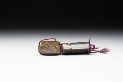 A Japanese mother-of-pearl-inlaid gilt-lacquer four-case inro with a chariot and a sakura tree, signed Shunsho 春正, Edo, 19th C.