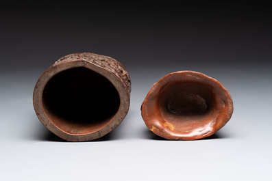A Chinese carved bamboo brush pot and libation cup, Qing