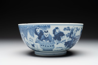 A Chinese blue and white '100 boys' bowl, Fu Lu Shou seal mark, Yongzheng