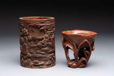 A Chinese carved bamboo brush pot and libation cup, Qing
