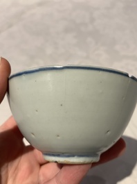 Four Chinese blue and white bowls, two cups and a plate, Ming