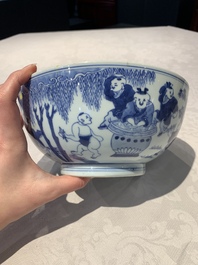 A Chinese blue and white '100 boys' bowl, Fu Lu Shou seal mark, Yongzheng