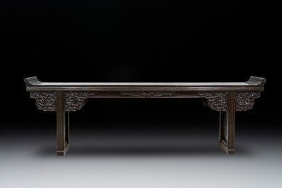 A massive Chinese red-and-black-lacquered altar table, 'qiaotouan', Qing