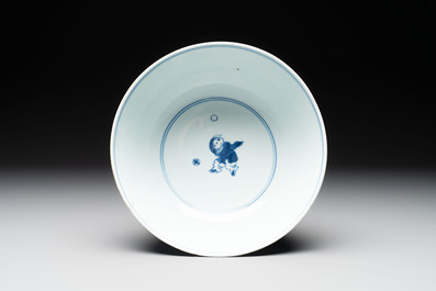A Chinese blue and white '100 boys' bowl, Fu Lu Shou seal mark, Yongzheng
