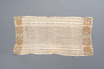 Five Ottoman gold and silver thread embroidered linen towels with floral design, 19th C.