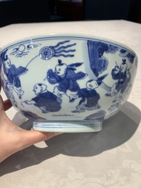 A Chinese blue and white '100 boys' bowl, Fu Lu Shou seal mark, Yongzheng