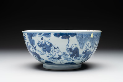 A Chinese blue and white '100 boys' bowl, Fu Lu Shou seal mark, Yongzheng