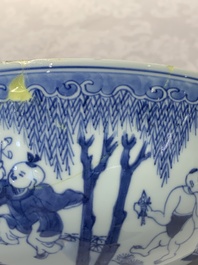 A Chinese blue and white '100 boys' bowl, Fu Lu Shou seal mark, Yongzheng