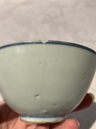 Four Chinese blue and white bowls, two cups and a plate, Ming
