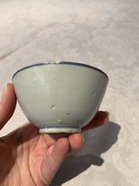 Four Chinese blue and white bowls, two cups and a plate, Ming