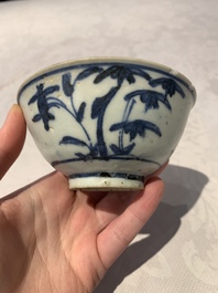 Four Chinese blue and white bowls, two cups and a plate, Ming