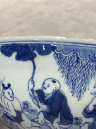 A Chinese blue and white '100 boys' bowl, Fu Lu Shou seal mark, Yongzheng