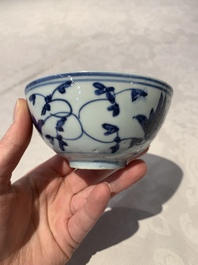 Four Chinese blue and white bowls, two cups and a plate, Ming