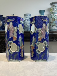 A pair of unusual Chinese blue-ground famille rose 'Eight Immortals' hat stands, Tongzhi mark and of the period
