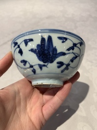 Four Chinese blue and white bowls, two cups and a plate, Ming