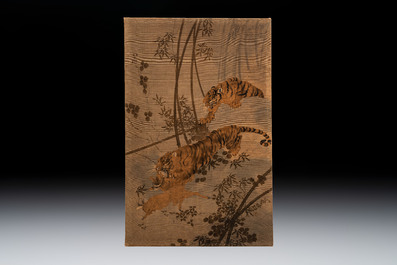 Two Japanese embroidered silk panels with hunting tigers and lions, Meiji, 19th C.