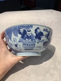 A Chinese blue and white '100 boys' bowl, Fu Lu Shou seal mark, Yongzheng