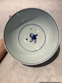 A Chinese blue and white '100 boys' bowl, Fu Lu Shou seal mark, Yongzheng