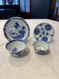 Two Chinese blue and white cups and saucers, Kangxi/Yongzheng