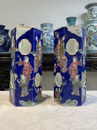 A pair of unusual Chinese blue-ground famille rose 'Eight Immortals' hat stands, Tongzhi mark and of the period