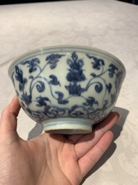 Four Chinese blue and white bowls, two cups and a plate, Ming