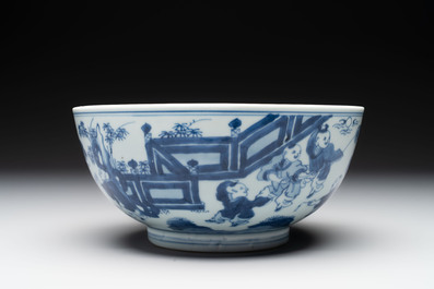 A Chinese blue and white '100 boys' bowl, Fu Lu Shou seal mark, Yongzheng