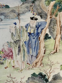 A large Chinese Canton enamel dish with scholars in a landscape, Yongzheng
