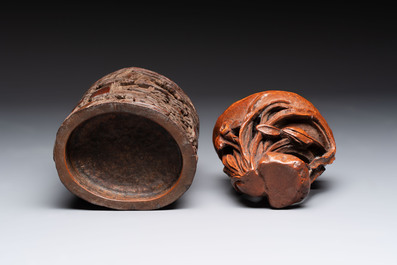 A Chinese carved bamboo brush pot and libation cup, Qing