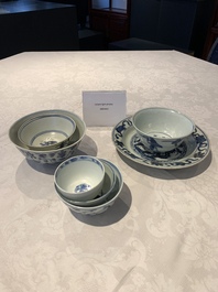 Four Chinese blue and white bowls, two cups and a plate, Ming