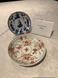 A Chinese gilt iron-red saucer and a blue and white saucer, Johanneum marks, ex-collection of August the Strong, Kangxi