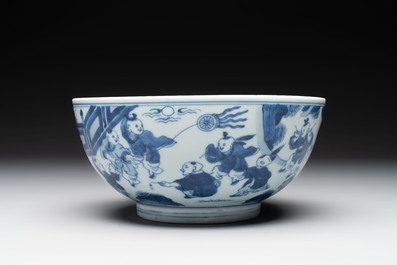 A Chinese blue and white '100 boys' bowl, Fu Lu Shou seal mark, Yongzheng