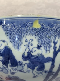 A Chinese blue and white '100 boys' bowl, Fu Lu Shou seal mark, Yongzheng
